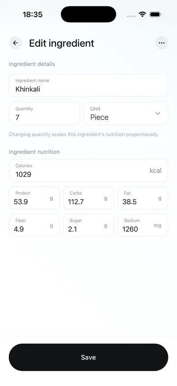 Editing a meal ingredient in Fitroom